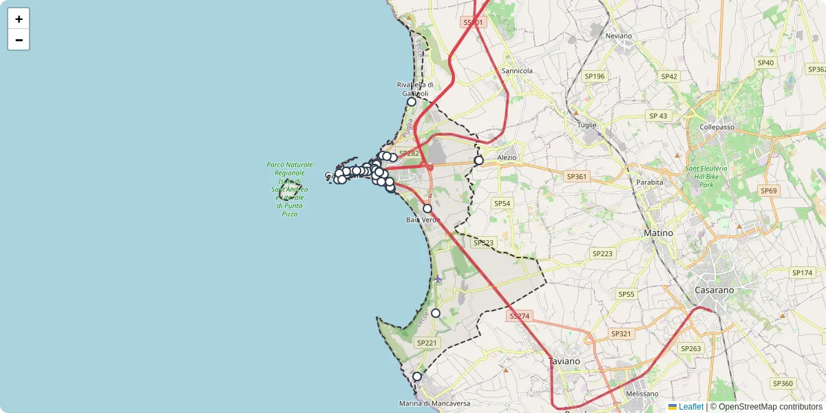 Mappa dettagliata del trasporto pubblico a Gallipoli con linee autobus, tram e collegamenti