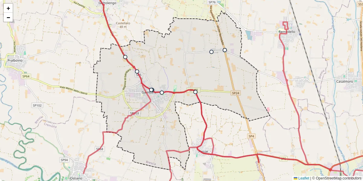 Mappa dettagliata del trasporto pubblico a Gambara con linee autobus, tram e collegamenti