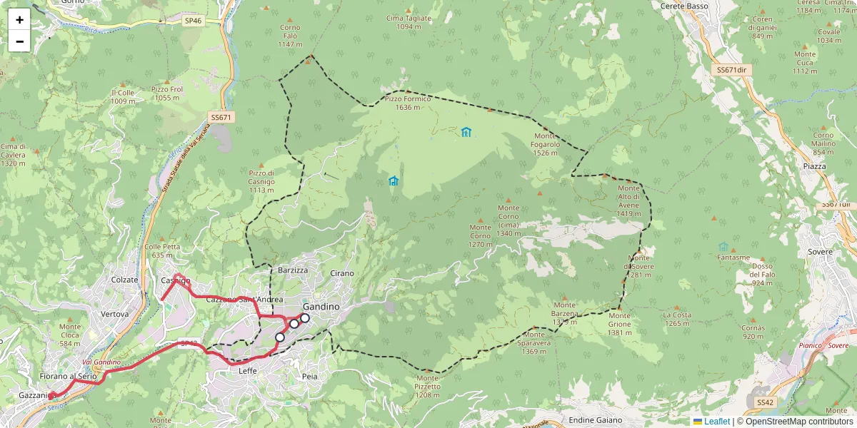 Mappa dettagliata del trasporto pubblico a Gandino con linee autobus, tram e collegamenti
