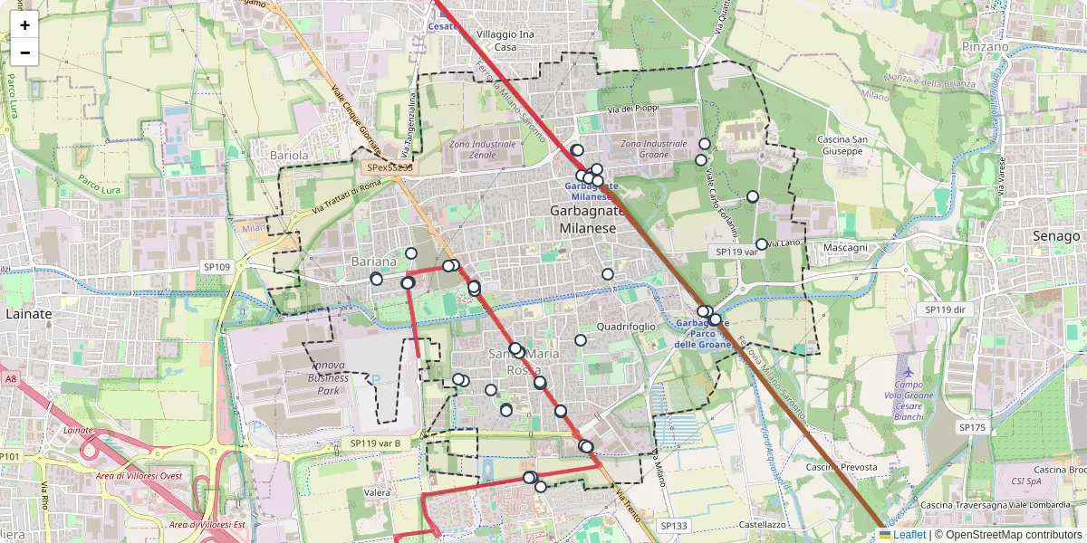 Mappa dettagliata del trasporto pubblico a Garbagnate Milanese con linee autobus, tram e collegamenti