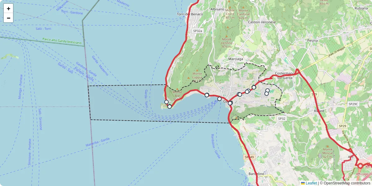 Mappa dettagliata del trasporto pubblico a Garda con linee autobus, tram e collegamenti