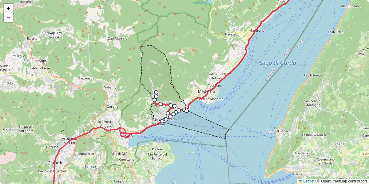 Mappa dettagliata del trasporto pubblico a Gardone Riviera con linee autobus, tram e collegamenti