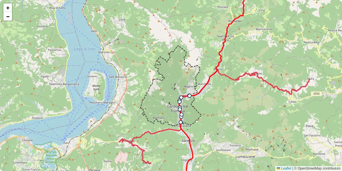 Mappa dettagliata del trasporto pubblico a Gardone Val Trompia con linee autobus, tram e collegamenti
