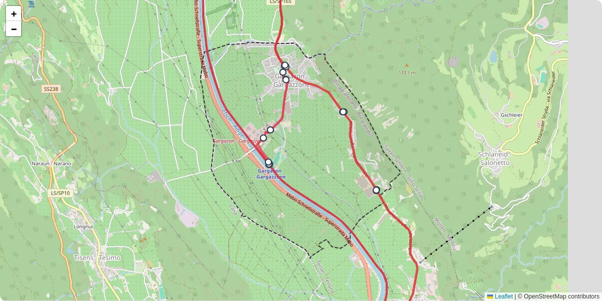 Mappa dettagliata del trasporto pubblico a Gargazon - Gargazzone con linee autobus, tram e collegamenti