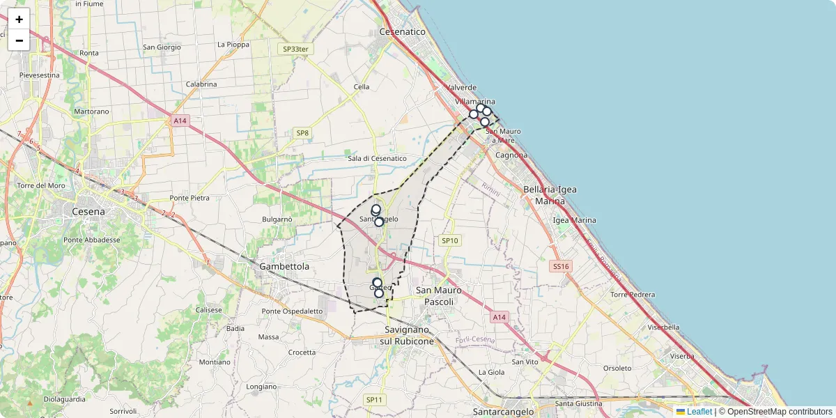 Mappa dettagliata del trasporto pubblico a Gatteo con linee autobus, tram e collegamenti