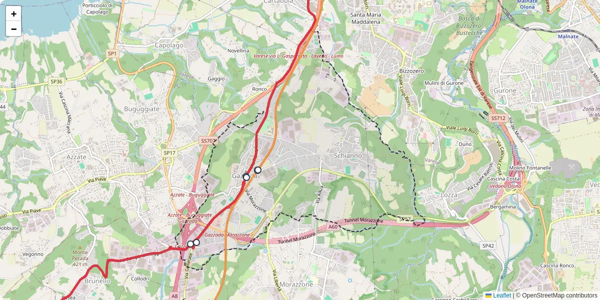Mappa dettagliata del trasporto pubblico a Gazzada Schianno con linee autobus, tram e collegamenti