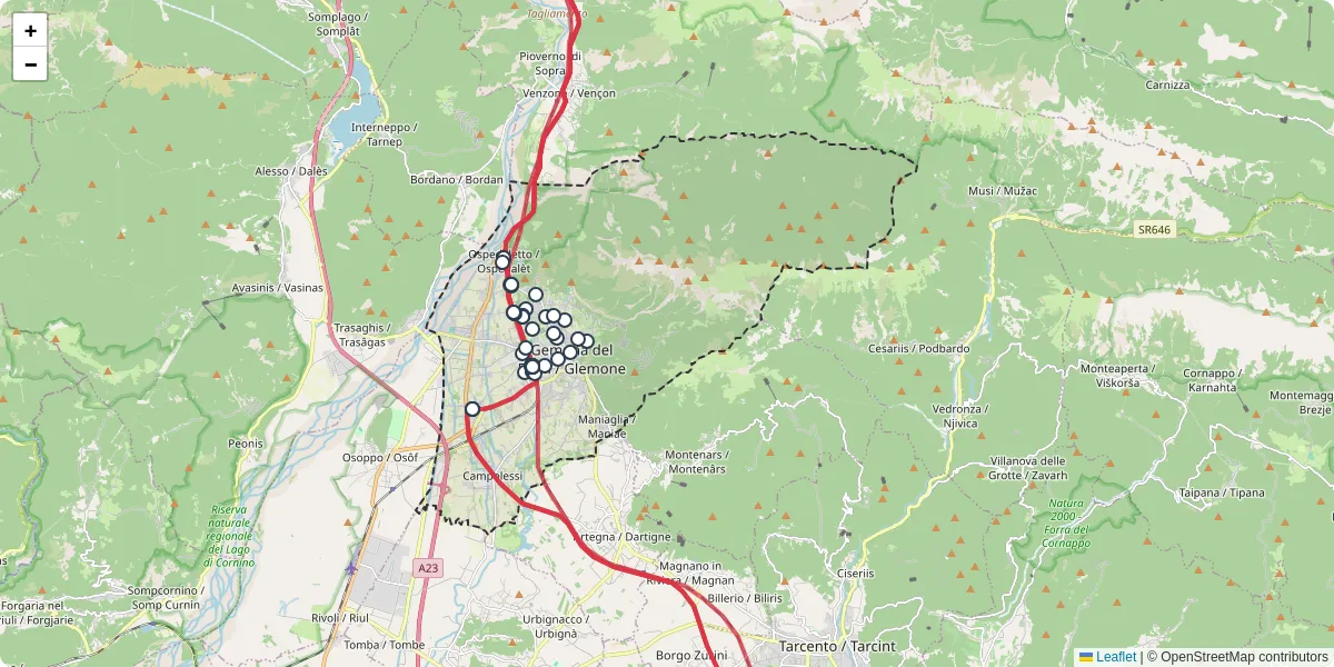 Mappa dettagliata del trasporto pubblico a Gemona del Friuli / Glemone con linee autobus, tram e collegamenti