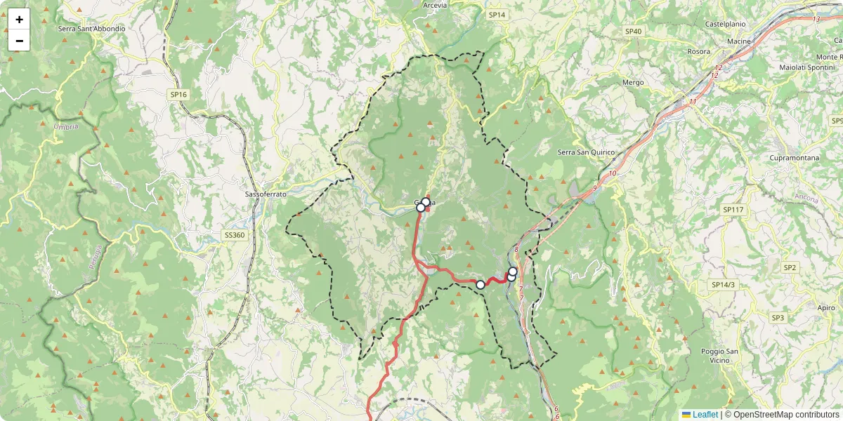 Mappa dettagliata del trasporto pubblico a Genga con linee autobus, tram e collegamenti