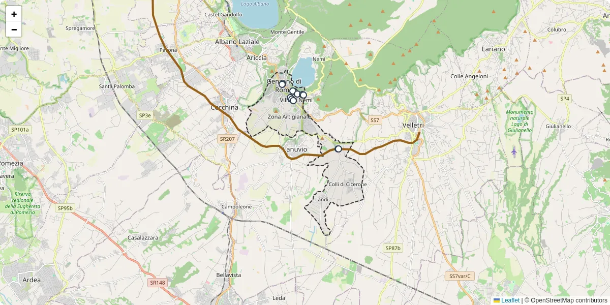 Mappa dettagliata del trasporto pubblico a Genzano di Roma con linee autobus, tram e collegamenti