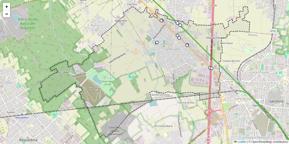 Mappa dettagliata del trasporto pubblico a Gerenzano con linee autobus, tram e collegamenti