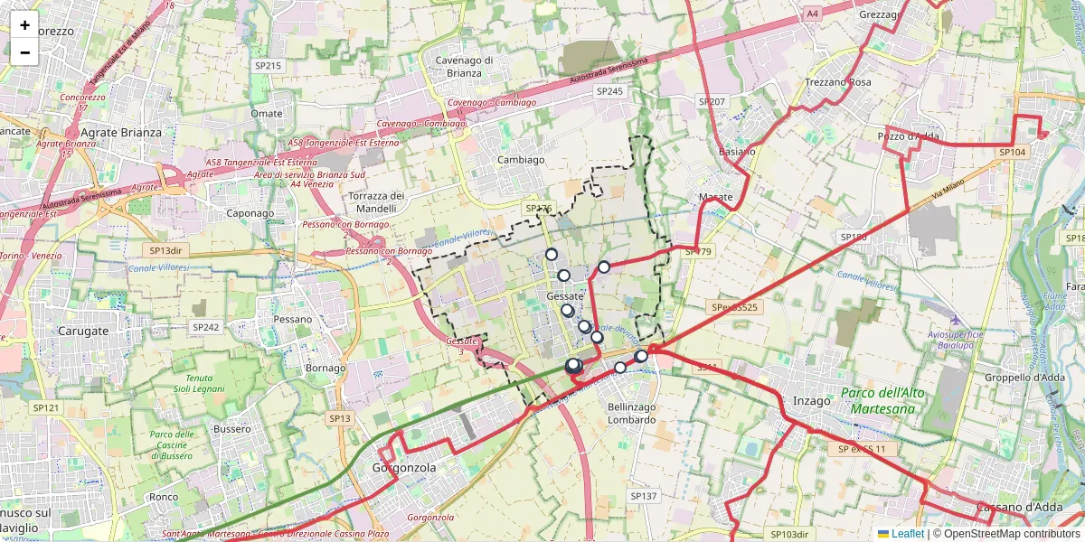 Mappa dettagliata del trasporto pubblico a Gessate con linee autobus, tram e collegamenti