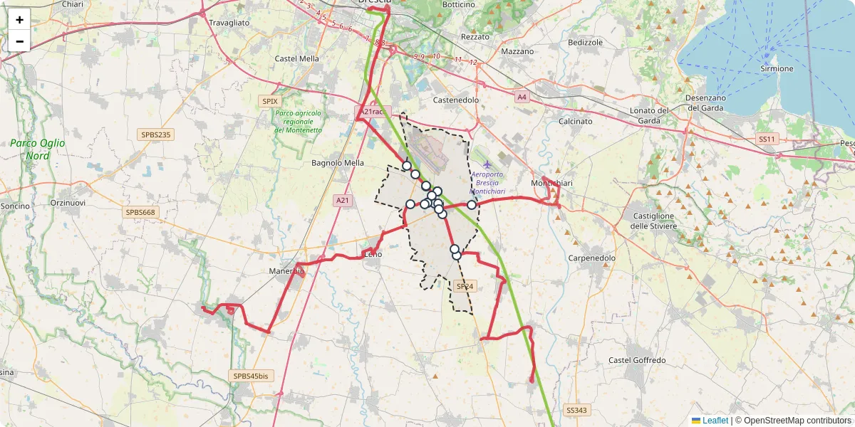 Mappa dettagliata del trasporto pubblico a Ghedi con linee autobus, tram e collegamenti