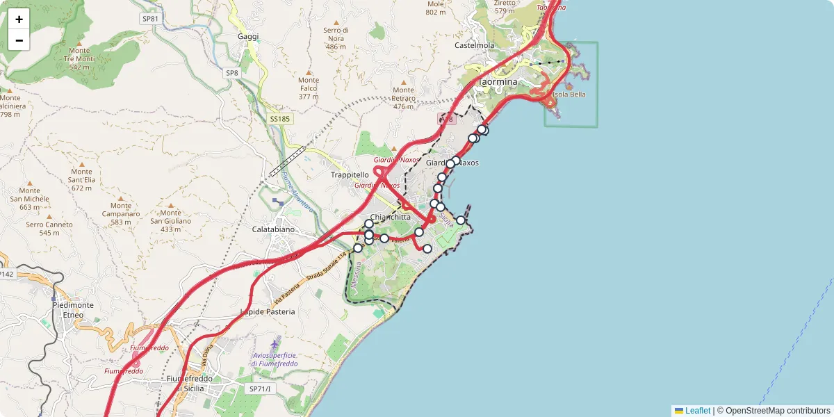 Mappa dettagliata del trasporto pubblico a Giardini-Naxos con linee autobus, tram e collegamenti