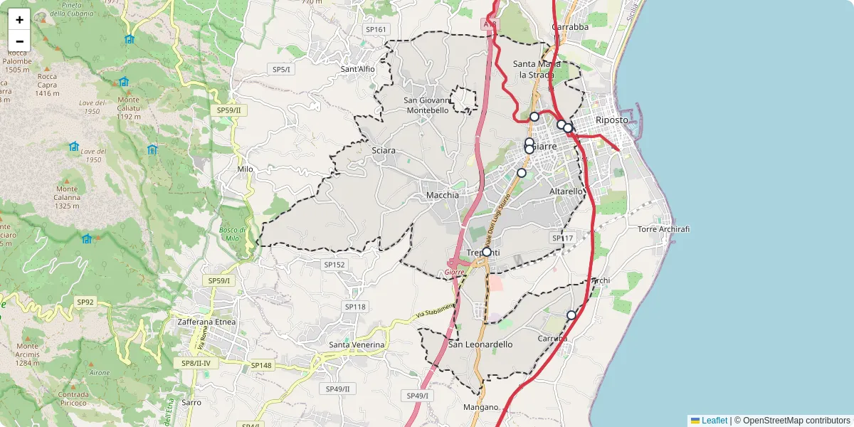 Mappa dettagliata del trasporto pubblico a Giarre con linee autobus, tram e collegamenti