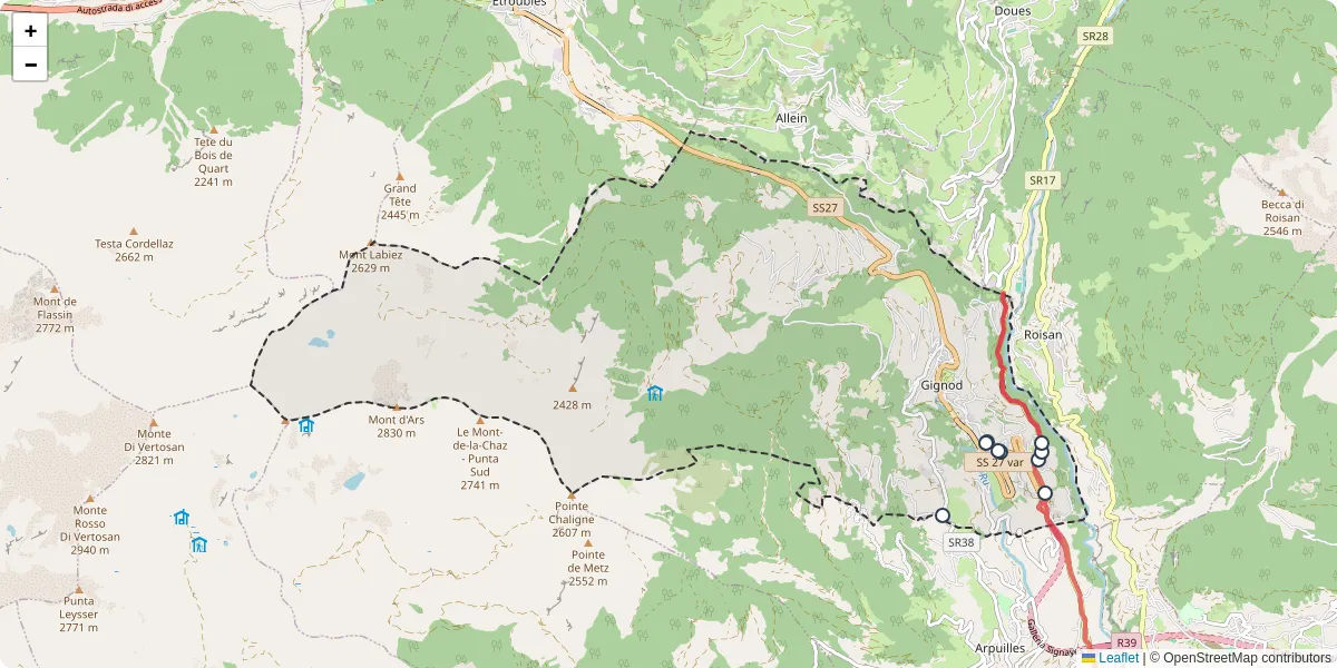Mappa dettagliata del trasporto pubblico a Gignod con linee autobus, tram e collegamenti