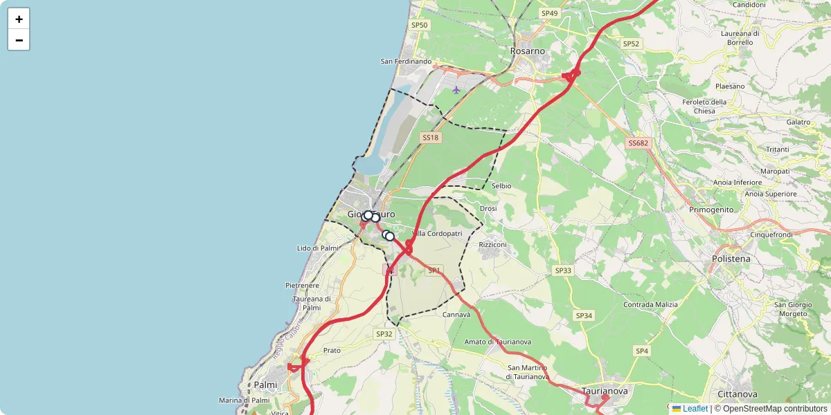 Mappa dettagliata del trasporto pubblico a Gioia Tauro con linee autobus, tram e collegamenti