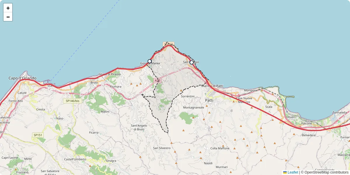Mappa dettagliata del trasporto pubblico a Gioiosa Marea con linee autobus, tram e collegamenti