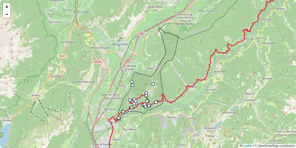 Mappa dettagliata del trasporto pubblico a Giovo con linee autobus, tram e collegamenti