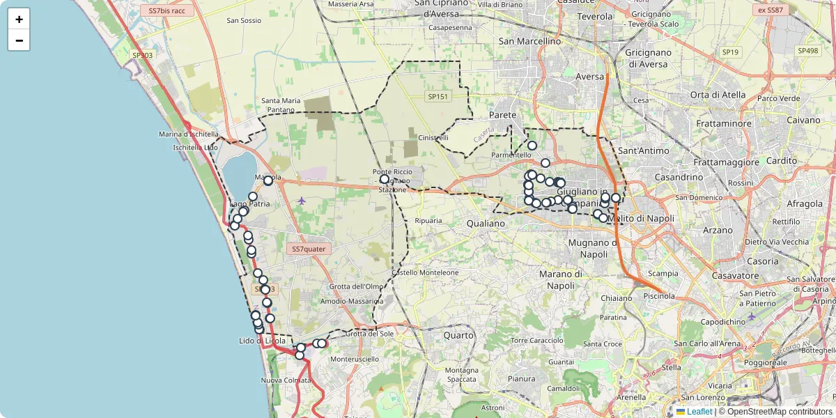 Mappa dettagliata del trasporto pubblico a Giugliano in Campania con linee autobus, tram e collegamenti