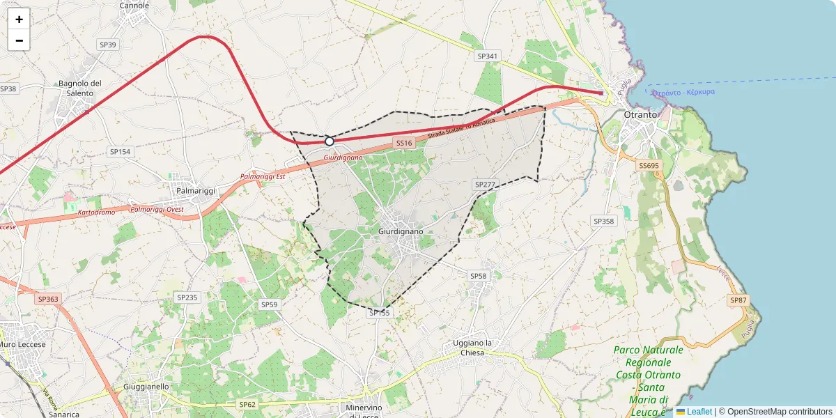Mappa dettagliata del trasporto pubblico a Giurdignano con linee autobus, tram e collegamenti