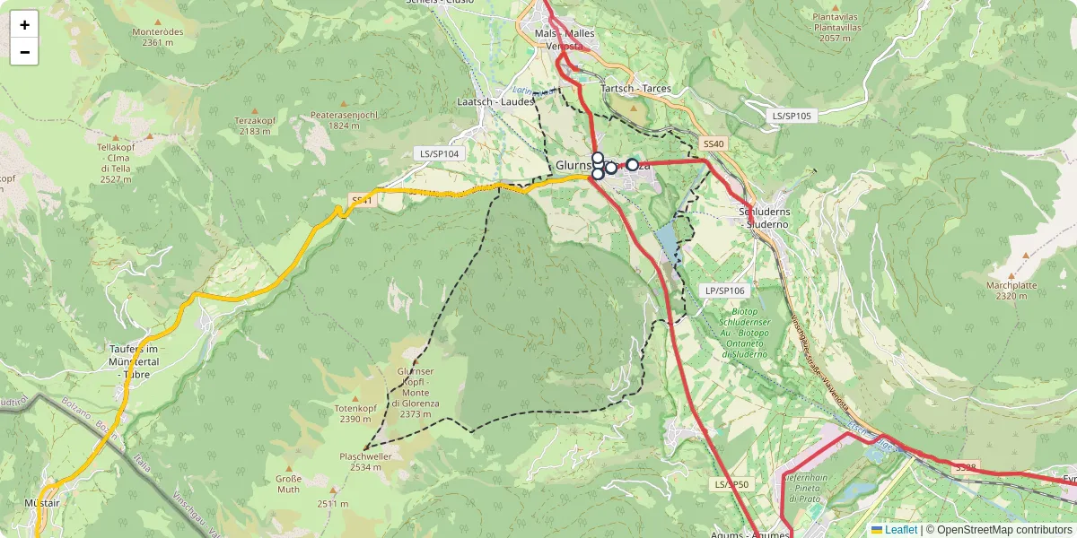 Mappa dettagliata del trasporto pubblico a Glurns - Glorenza con linee autobus, tram e collegamenti