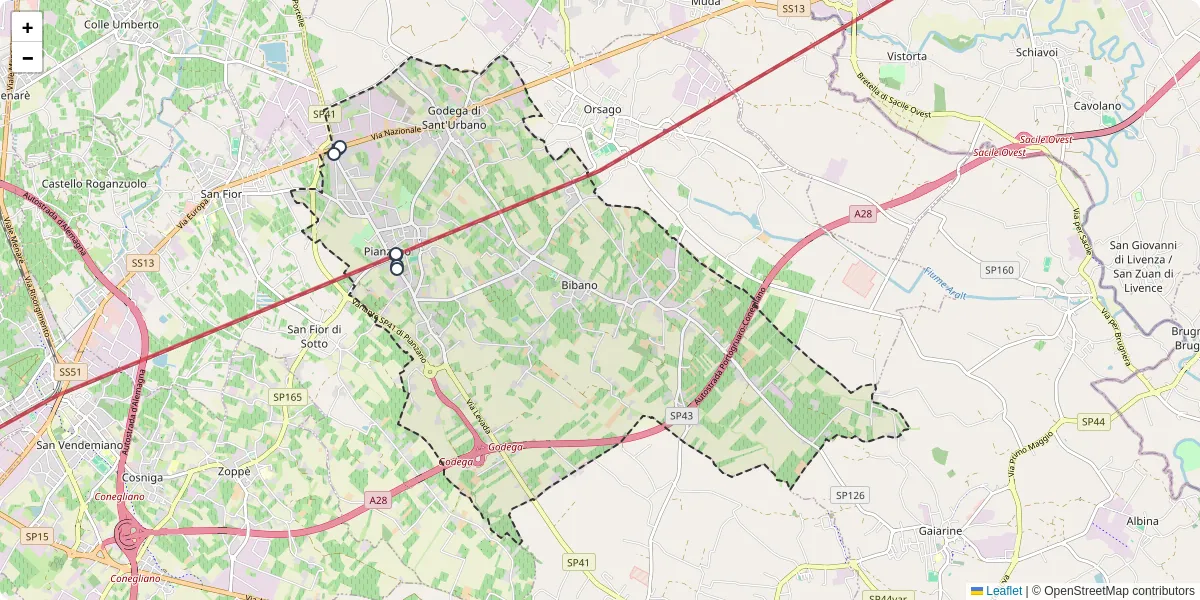 Mappa dettagliata del trasporto pubblico a Godega di Sant'Urbano con linee autobus, tram e collegamenti