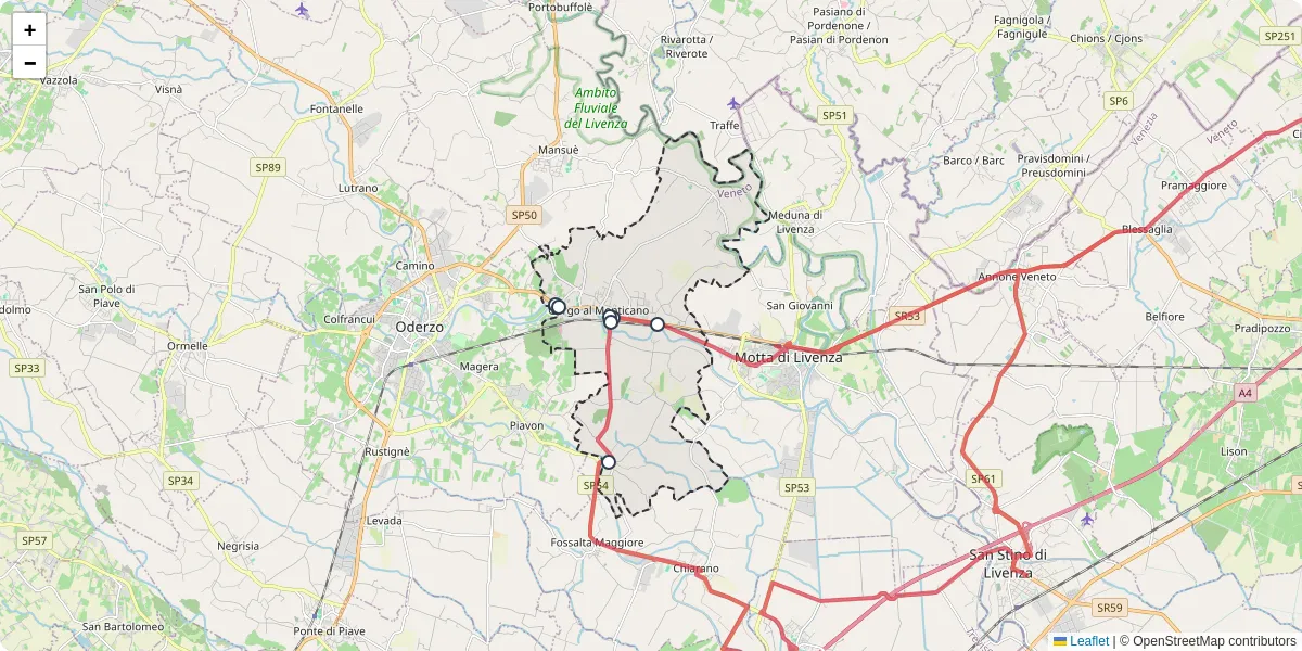Mappa dettagliata del trasporto pubblico a Gorgo al Monticano con linee autobus, tram e collegamenti