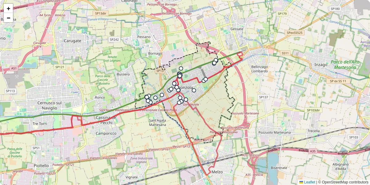 Mappa dettagliata del trasporto pubblico a Gorgonzola con linee autobus, tram e collegamenti