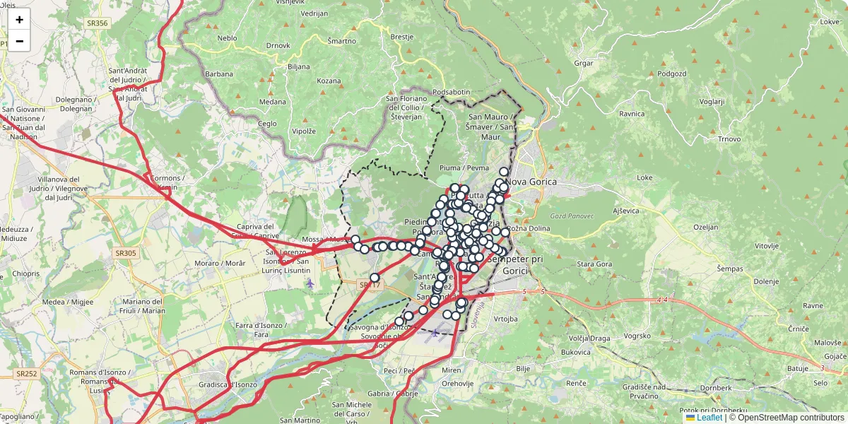 Mappa dettagliata del trasporto pubblico a Gorizia con linee autobus, tram e collegamenti