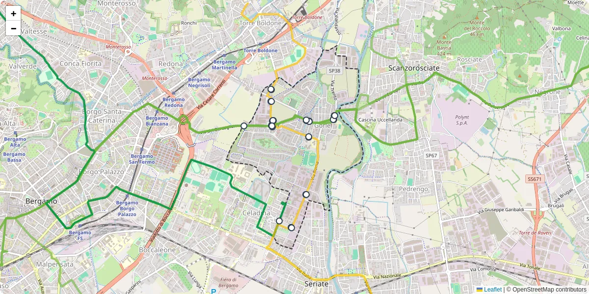 Mappa dettagliata del trasporto pubblico a Gorle con linee autobus, tram e collegamenti