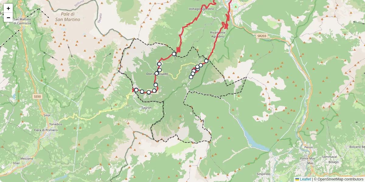 Mappa dettagliata del trasporto pubblico a Gosaldo con linee autobus, tram e collegamenti