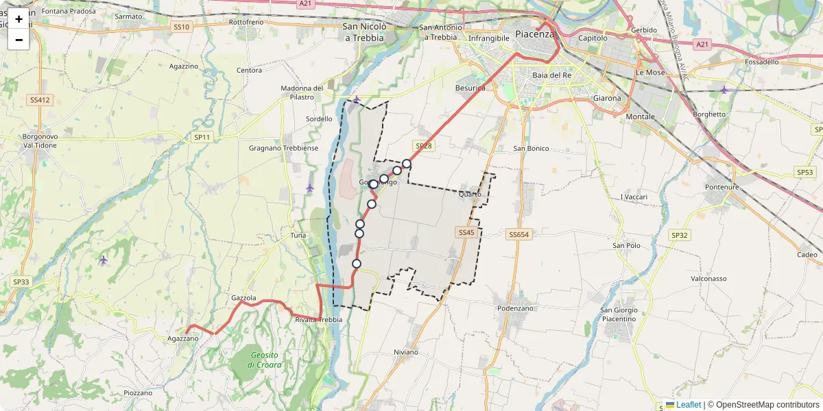Mappa dettagliata del trasporto pubblico a Gossolengo con linee autobus, tram e collegamenti