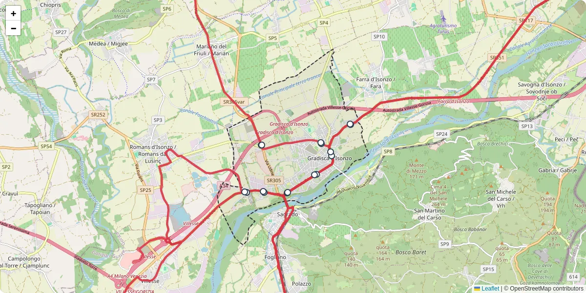 Mappa dettagliata del trasporto pubblico a Gradisca d'Isonzo / Gardiscje con linee autobus, tram e collegamenti