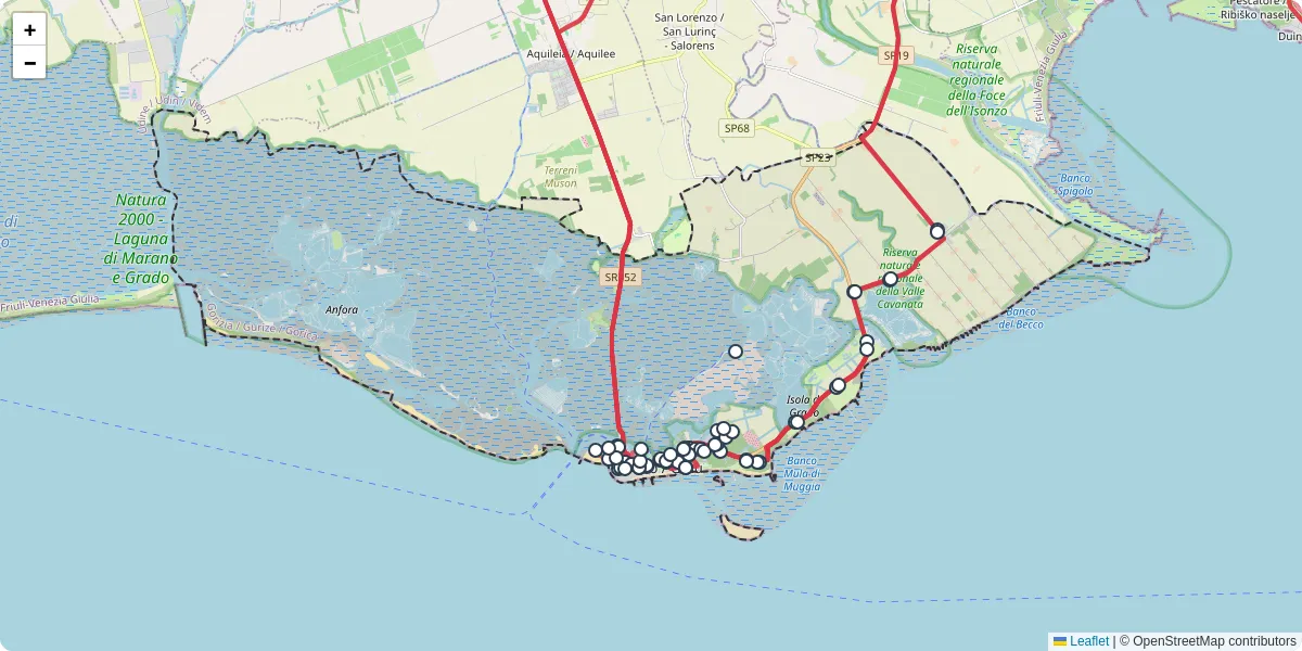 Mappa dettagliata del trasporto pubblico a Grado / Grau con linee autobus, tram e collegamenti