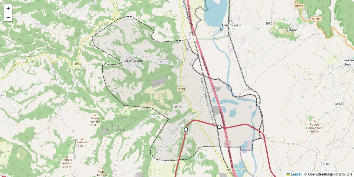Mappa dettagliata del trasporto pubblico a Graffignano con linee autobus, tram e collegamenti