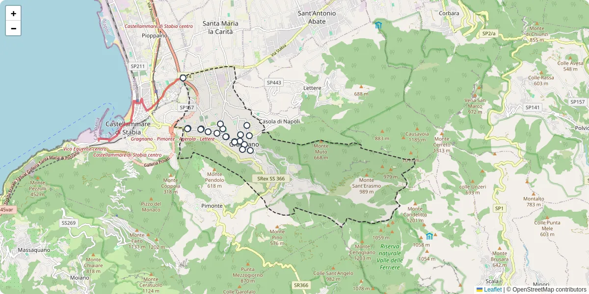 Mappa dettagliata del trasporto pubblico a Gragnano con linee autobus, tram e collegamenti