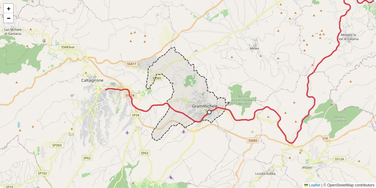 Mappa dettagliata del trasporto pubblico a Grammichele con linee autobus, tram e collegamenti