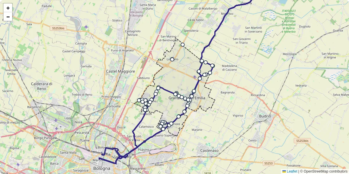 Mappa dettagliata del trasporto pubblico a Granarolo dell'Emilia con linee autobus, tram e collegamenti