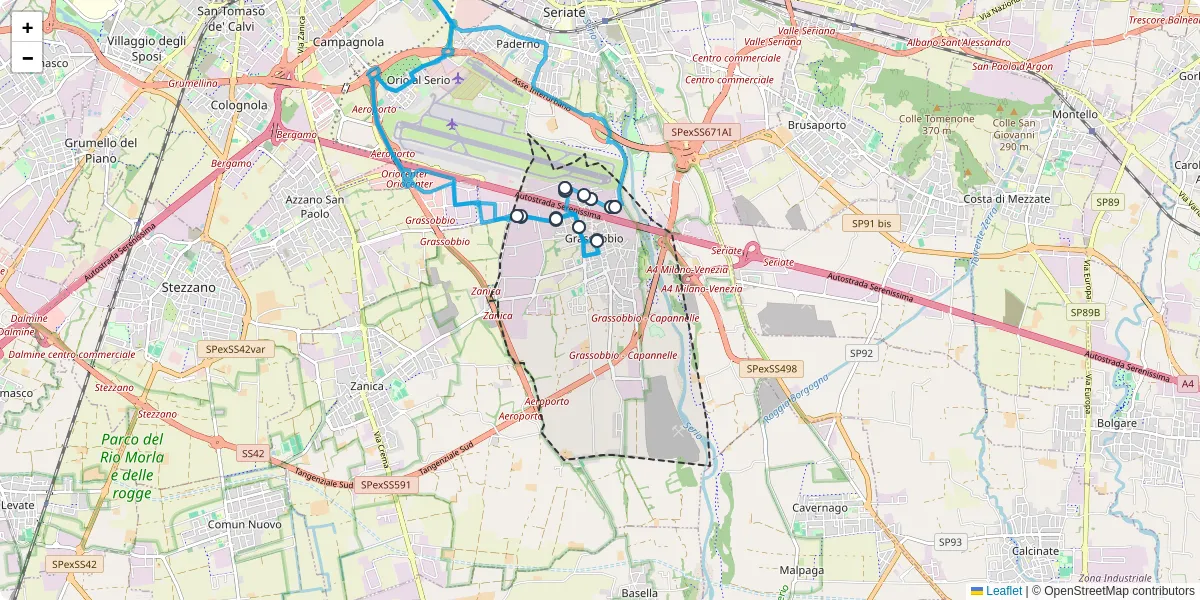 Mappa dettagliata del trasporto pubblico a Grassobbio con linee autobus, tram e collegamenti
