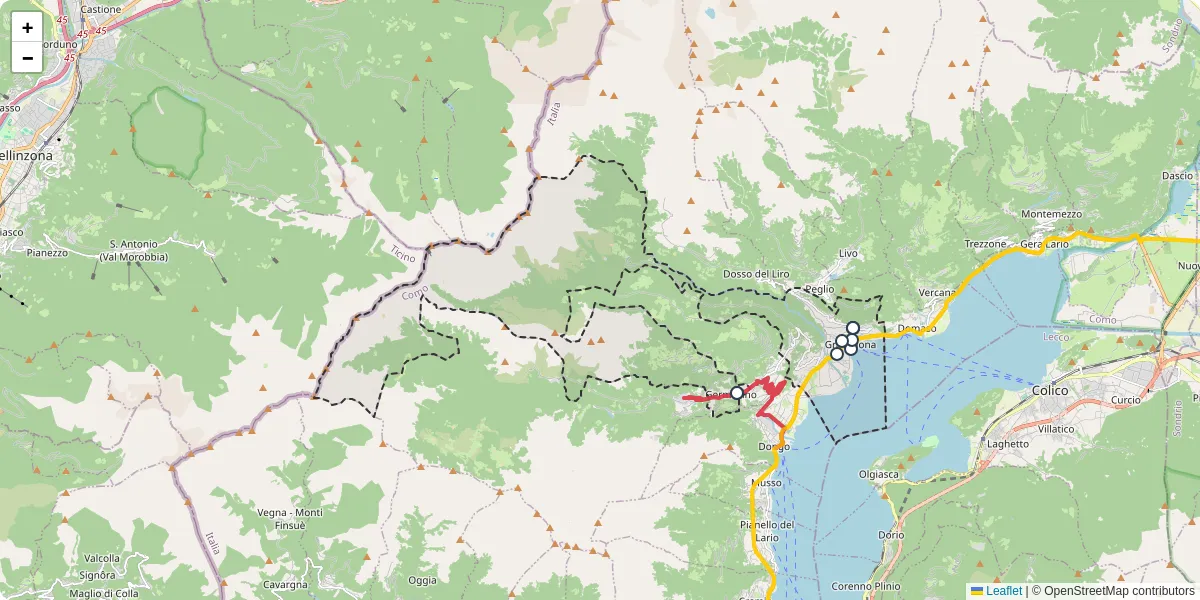 Mappa dettagliata del trasporto pubblico a Gravedona ed Uniti con linee autobus, tram e collegamenti