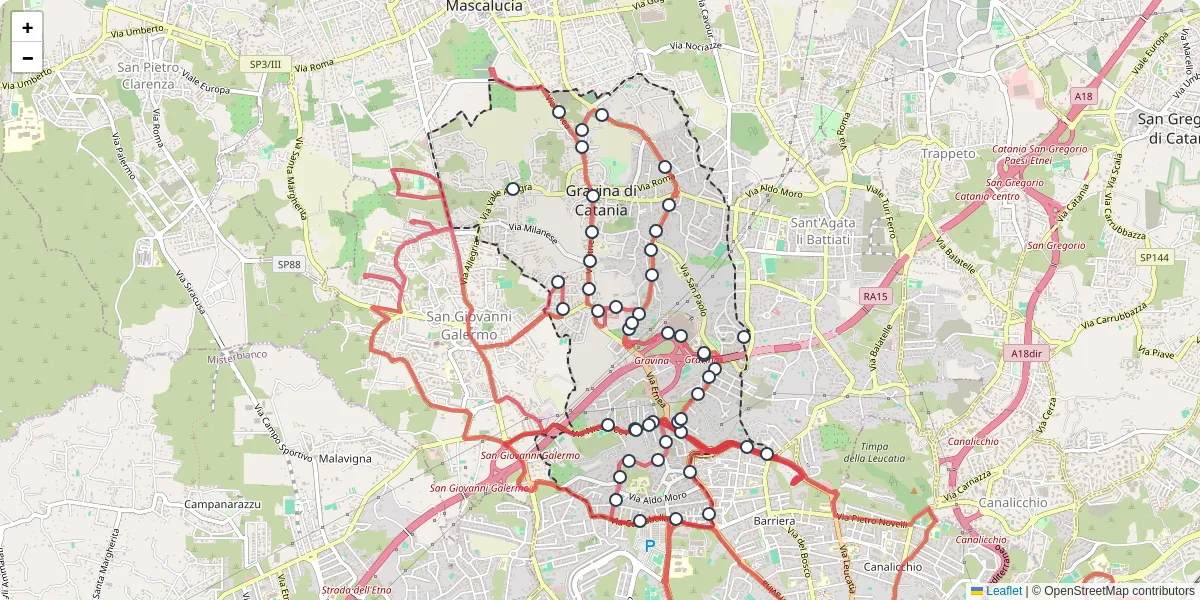 Mappa dettagliata del trasporto pubblico a Gravina di Catania con linee autobus, tram e collegamenti