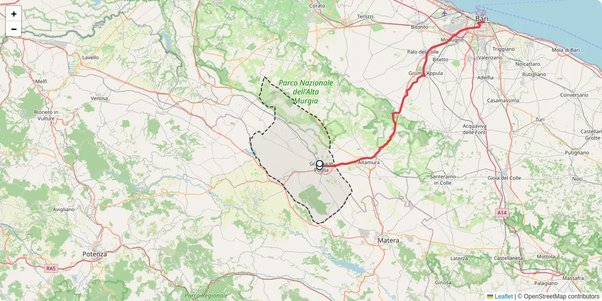 Mappa dettagliata del trasporto pubblico a Gravina in Puglia con linee autobus, tram e collegamenti