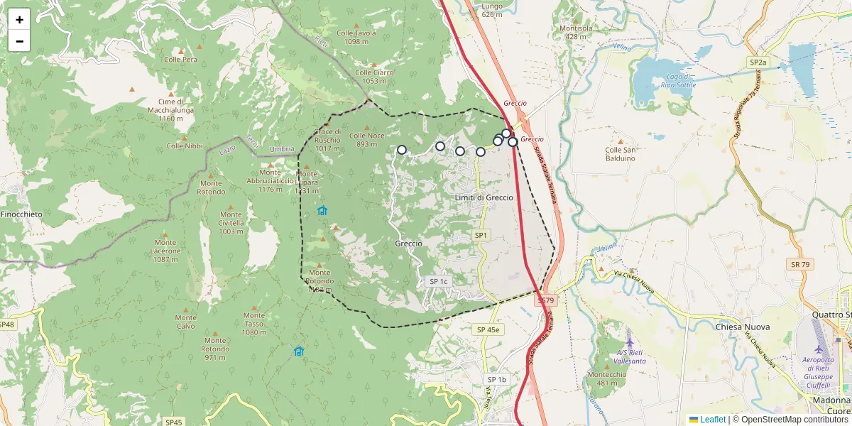 Mappa dettagliata del trasporto pubblico a Greccio con linee autobus, tram e collegamenti