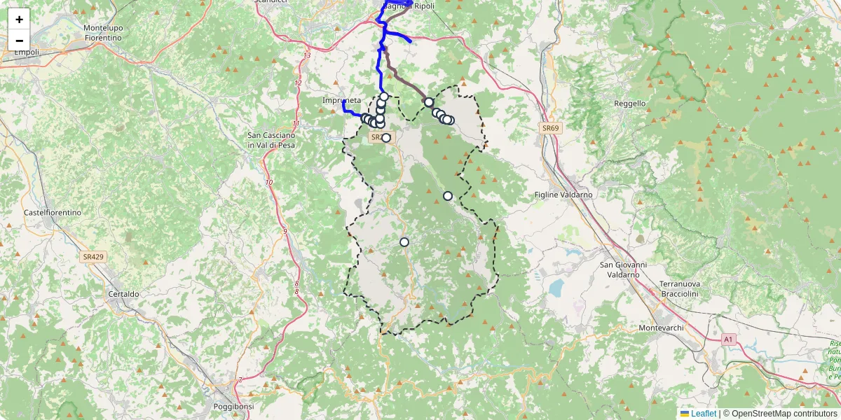 Mappa dettagliata del trasporto pubblico a Greve in Chianti con linee autobus, tram e collegamenti