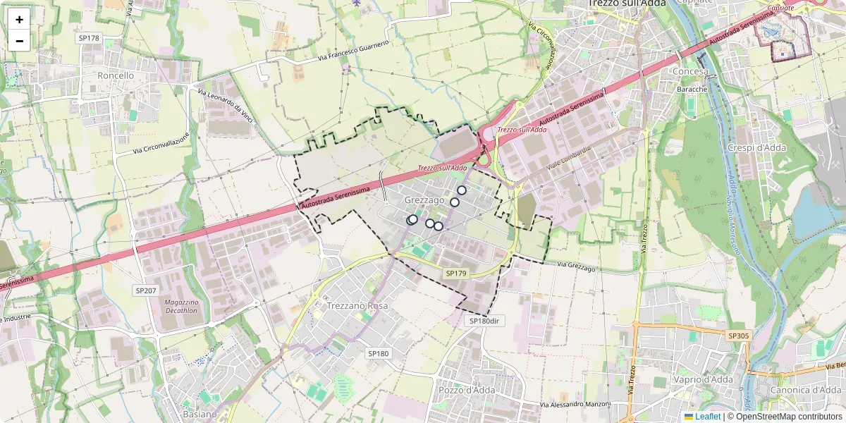 Mappa dettagliata del trasporto pubblico a Grezzago con linee autobus, tram e collegamenti
