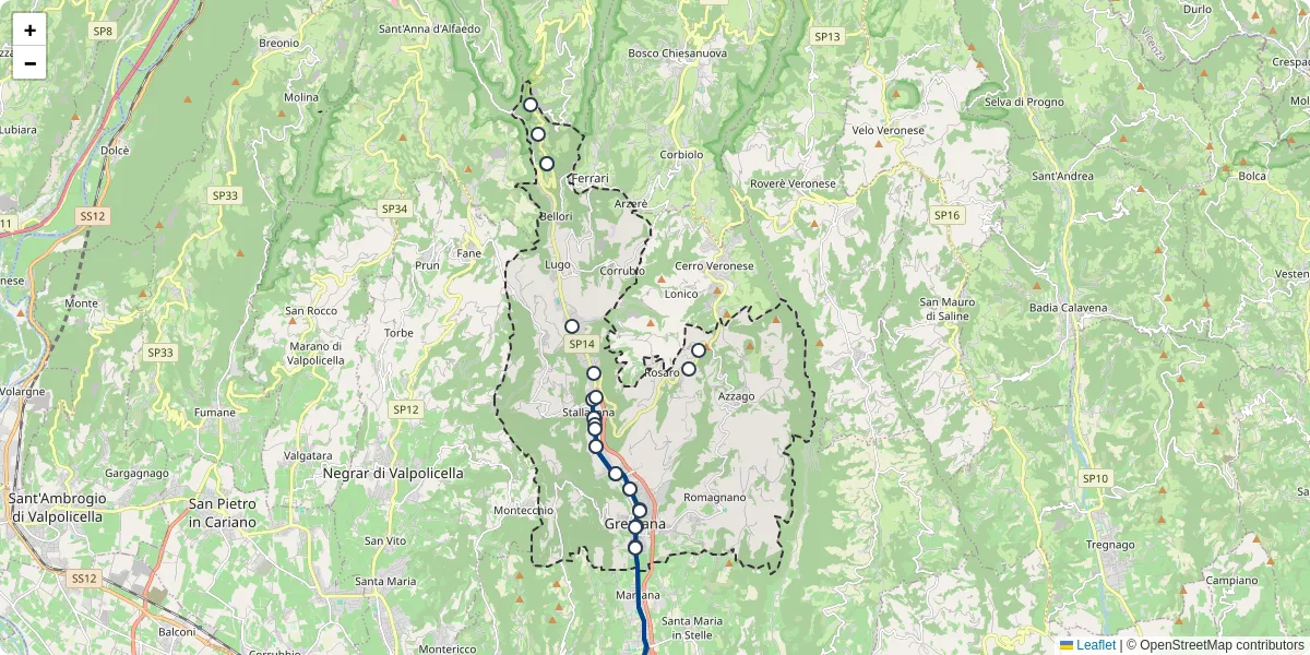 Mappa dettagliata del trasporto pubblico a Grezzana con linee autobus, tram e collegamenti