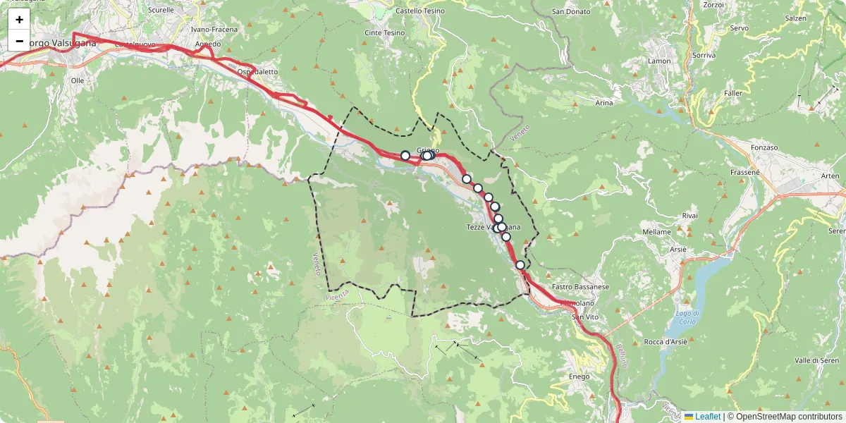 Mappa dettagliata del trasporto pubblico a Grigno con linee autobus, tram e collegamenti