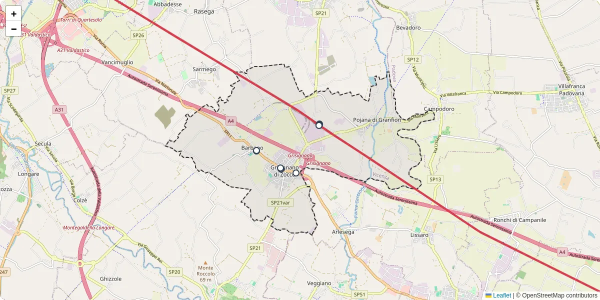 Mappa dettagliata del trasporto pubblico a Grisignano di Zocco con linee autobus, tram e collegamenti