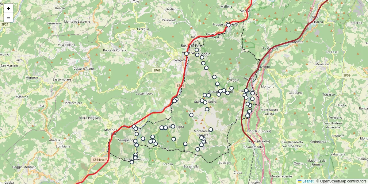 Mappa dettagliata del trasporto pubblico a Grizzana Morandi con linee autobus, tram e collegamenti