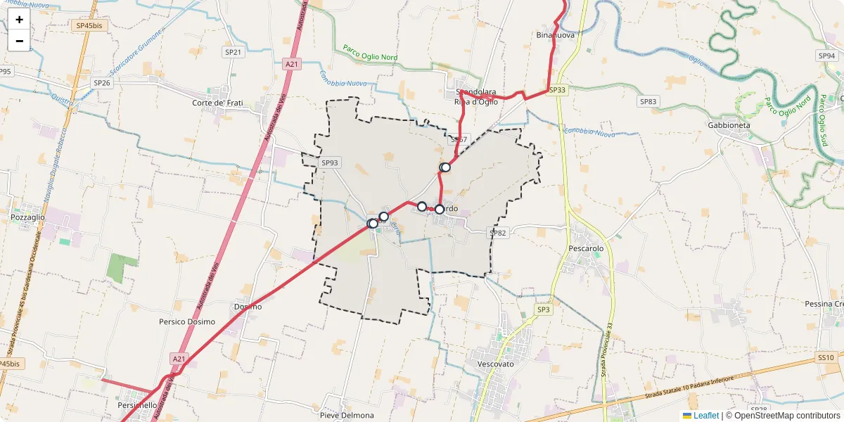 Mappa dettagliata del trasporto pubblico a Grontardo con linee autobus, tram e collegamenti